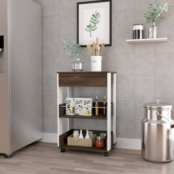 Kitchen Islands Modern Kitchen Cart 35" H, Four Casters, Three Shelves, White / Dark Walnut,Kitchen Carts