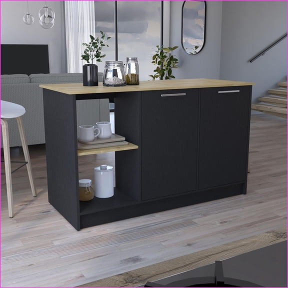 Kitchen Islands, Modern with Large Top, Double Door Cabinet & Open Shelves, Black/Macadamia | Stationary | Rectangular