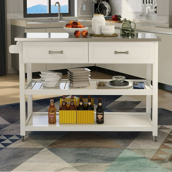 Kitchen Islands Stainless Steel Table Top White Kicthen Cart With Two Drawers,Kitchen Carts