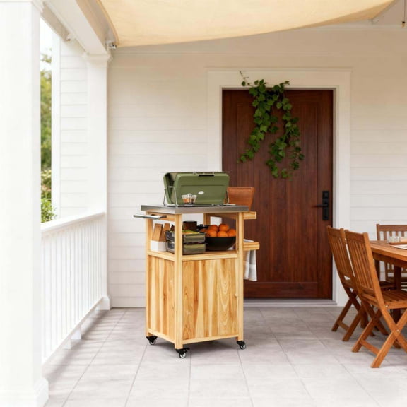 Kitchen Islands Wood Outdoor Kitchen Island,Outdoor Grill Cart,with Stainless Steel Top,Wheels,Integrated Hole,Kitchen Carts