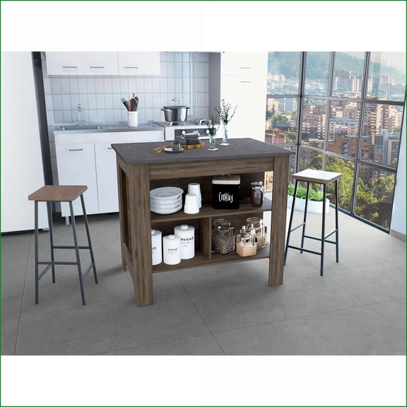 Kitchen Islands with 3 Open Shelves, 35 H Dark Brown/Onix, Four Legs | Particle Board | Particle Board