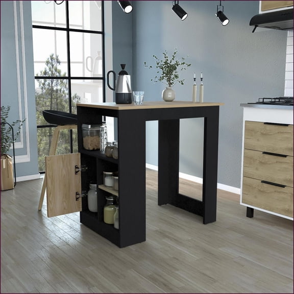 Kitchen Islands with 3 Open Shelves & Push-Open Cabinet, 36" H Black/Natural Oak | Engineered Wood | Solid Wood+MDF