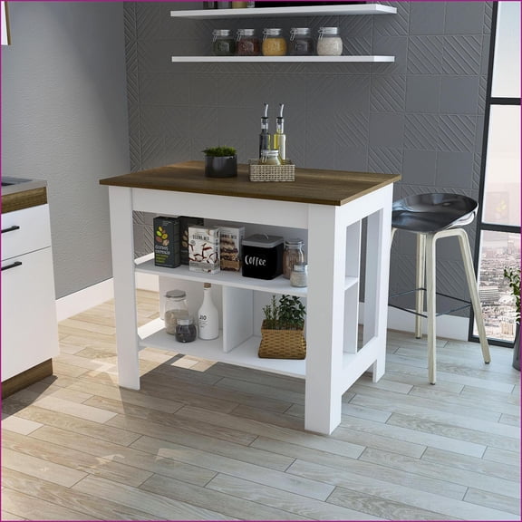 Kitchen Islands with 3 Shelves & 4 Legs - White/Walnut | Modern | Medium (40-55in)
