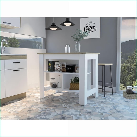 Kitchen Islands with Antibacterial Surface, 3 Shelves, 4 Legs - Light Oak/White | Multicolor | Particle Board