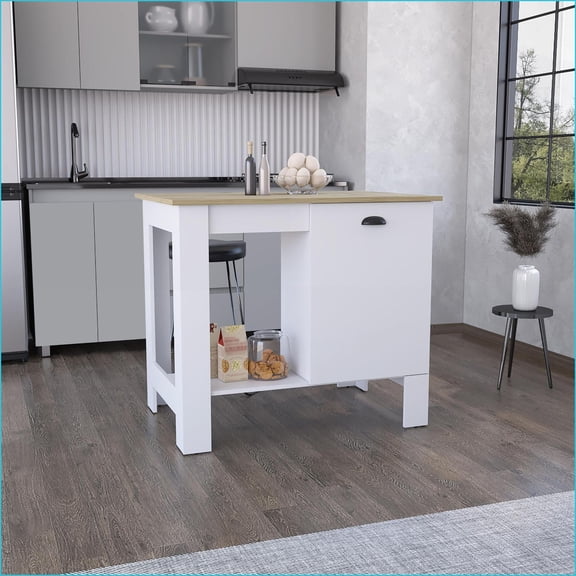 Atenea Kitchen Island with Storage, 40.5"W x27.5"D Top, White/Macadamia | White | Particle Board