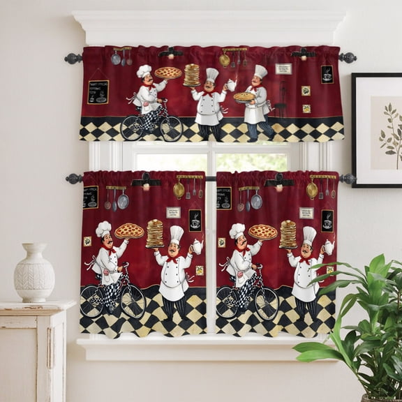 Kitchen Italian Chef Curtain Tier and Valance Set 3 Piece,Farmhouse Pizza Black White Check 3-inch Rod Pocket Window Tier Curtains Valance for Kitchen Living Room