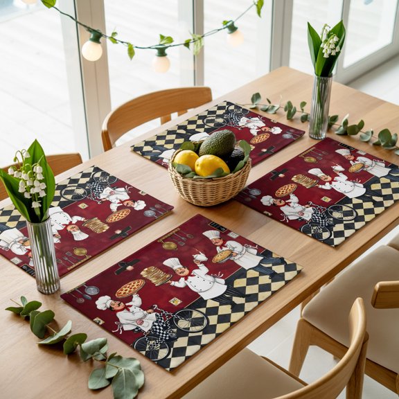 Kitchen Italian Chef Placemats Set of 4,Wipeable Washable Table Mats for Dining Tables, Farmhouse Pizza Black White Check Place Mats for Kitchen Event Party Tabletop Decor