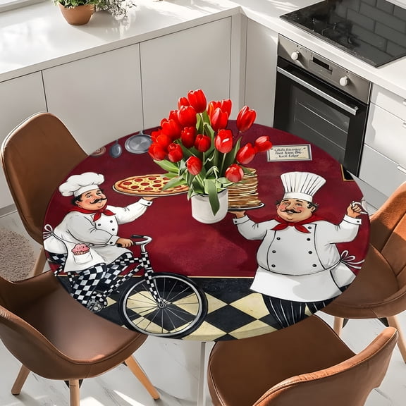 Kitchen Italian Chef Round Fitted Tablecloth with Elastic Edge,Waterproof Table Cloth Fits 36"-44"Tables,Wipeable Table Cover for Indoor Outdoor Dinning Party,Farmhouse Pizza Black White Check