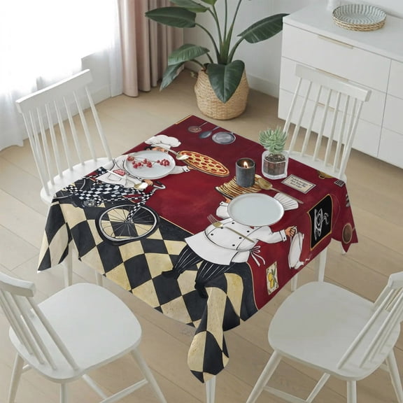 Kitchen Italian Chef Table Cloth 54x54in, Waterproof Square Tablecloth Wipeable Tablecloths Farmhouse Pizza Black White Check Table Covers for Dining Tables Party Indoor Outdoor