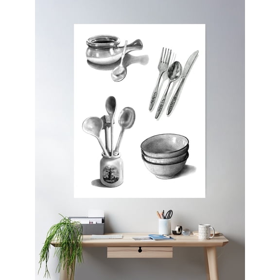 Kitchen Items In Pencil, Realism Drawings, Cutlery, Utensils, Bowls, Chef Poster Wall Art, Modern Wall Decor For Living Room Bedroom, 24x36 UNFRAMED
