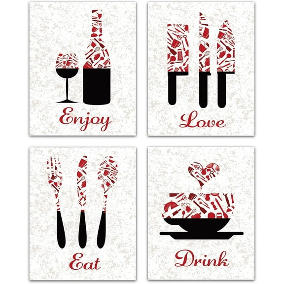 Kitchen Kitchenware Red Canvas Art Prints Posters Wall Art Decorations Enjoy Love Eat Drink Set of 4 for Kitchen Restaurant Cafe Bar House Decor 8 x 10inch
