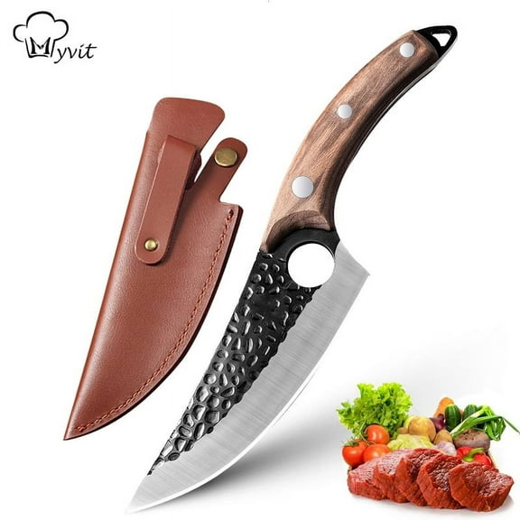 Kitchen Knife 6" Viking Knife with Sheath Handmade Forged Butcher Knife Cleaver Boning Knife for Meat Cutting High Carbon Steel Chef's Knife for Camping, Outdoor, Deboning, BBQ
