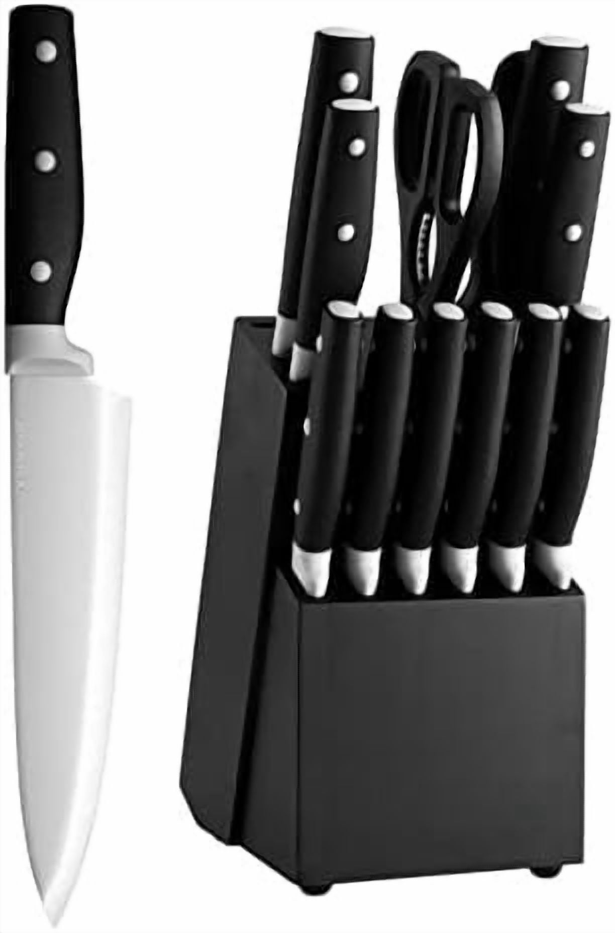 Kitchen Knife Block Set, 14 Pieces Knife Set with Wooden Block & Sharpener Steel & All-purpose Scissors, High Carbon Stainless Steel Cutlery Set (Black)