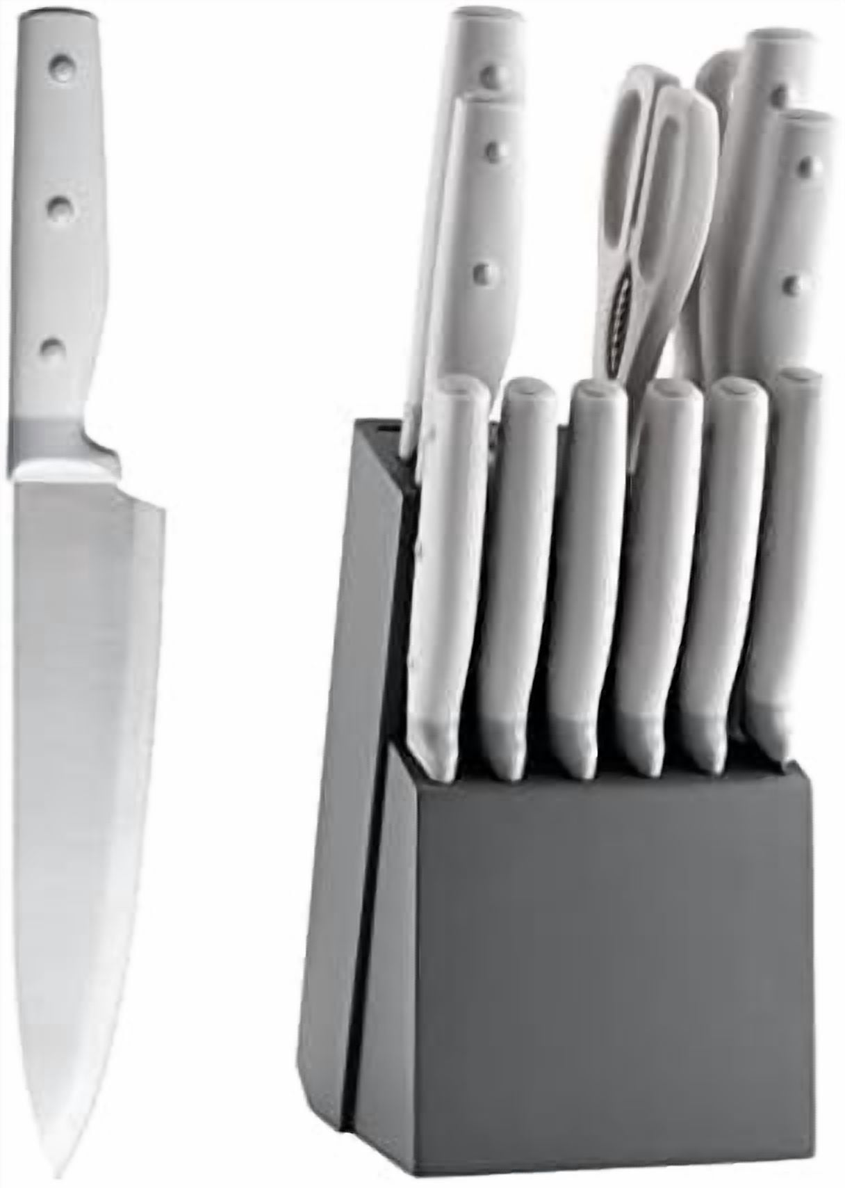 Kitchen Knife Block Set, 14 Pieces Knife Set with Wooden Block & Sharpener Steel & All-purpose Scissors, High Carbon Stainless Steel Cutlery Set (Grey)