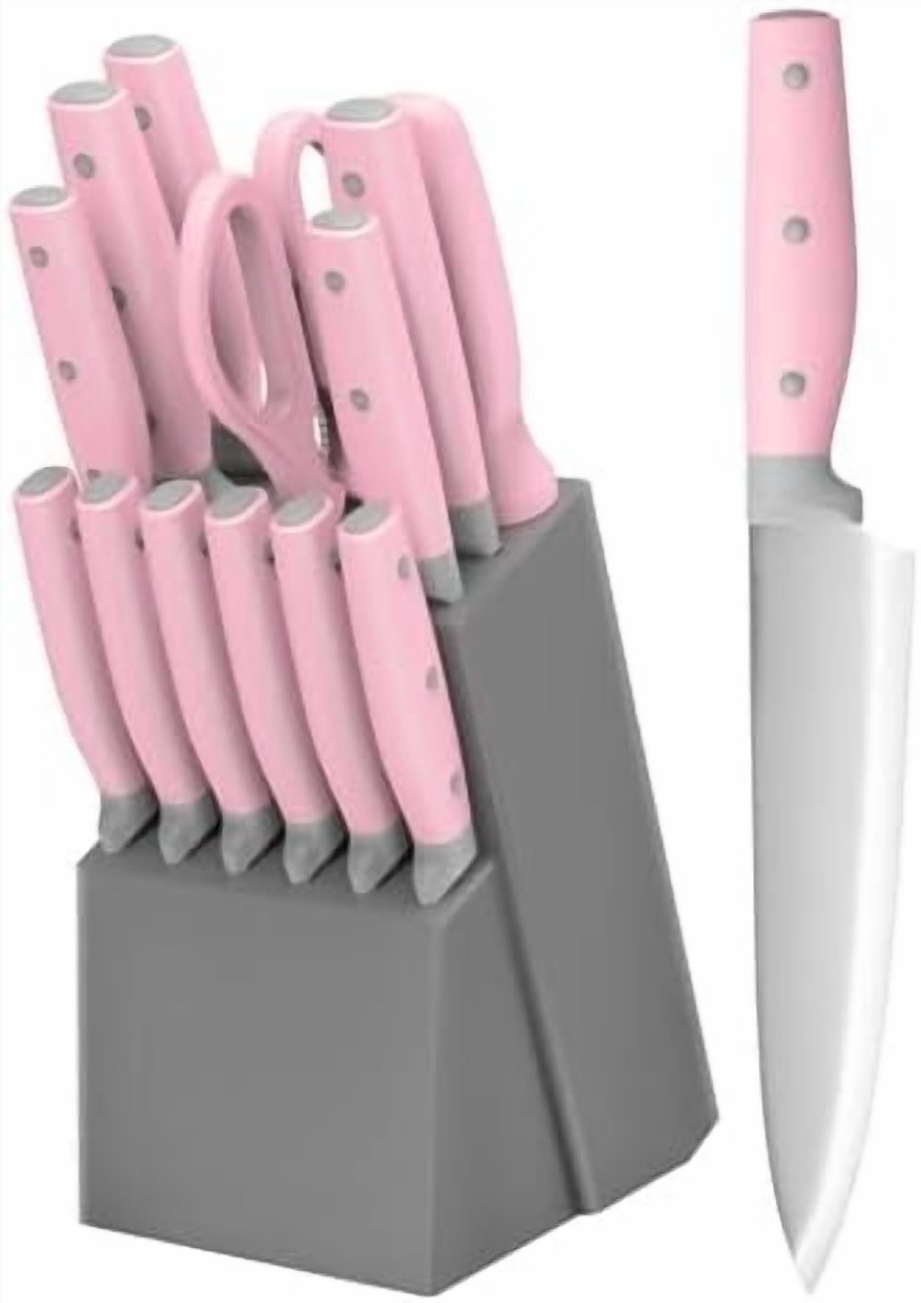 Kitchen Knife Block Set, 14 Pieces Knife Set with Wooden Block & Sharpener Steel & All-purpose Scissors, High Carbon Stainless Steel Cutlery Set (Pink)