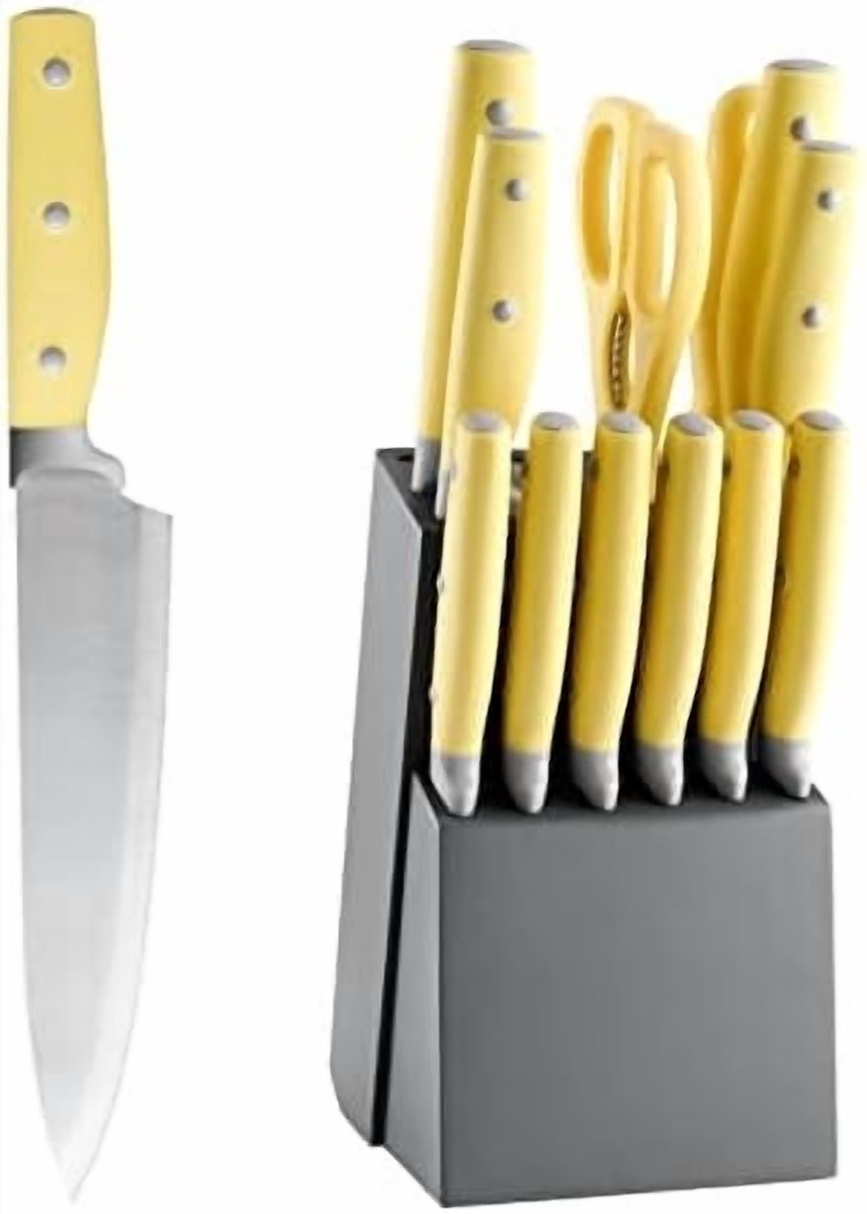 Kitchen Knife Block Set, 14 Pieces Knife Set with Wooden Block & Sharpener Steel & All-purpose Scissors, High Carbon Stainless Steel Cutlery Set (Yellow)