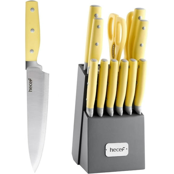 Kitchen Knife Block Set, 14 Pieces Knife Set with Wooden Block & Sharpener Steel & All-purpose Scissors, High Carbon Stainless Steel Cutlery Set