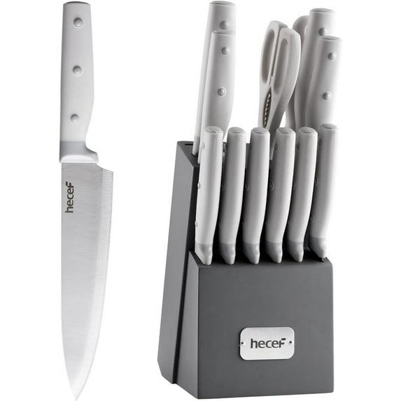 Kitchen Knife Block Set, 14 Pieces Knife Set with Wooden Block & Sharpener Steel & All-purpose Scissors, High Carbon Stainless Steel Cutlery Set