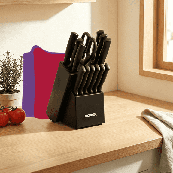 Kitchen Knife Block Set, 16 Pcs Knives Block Set with Built-in Sharpener, Healthy Anti-Rust Coating & German Stainless Steel Knife Set, Dishwasher Safe Black