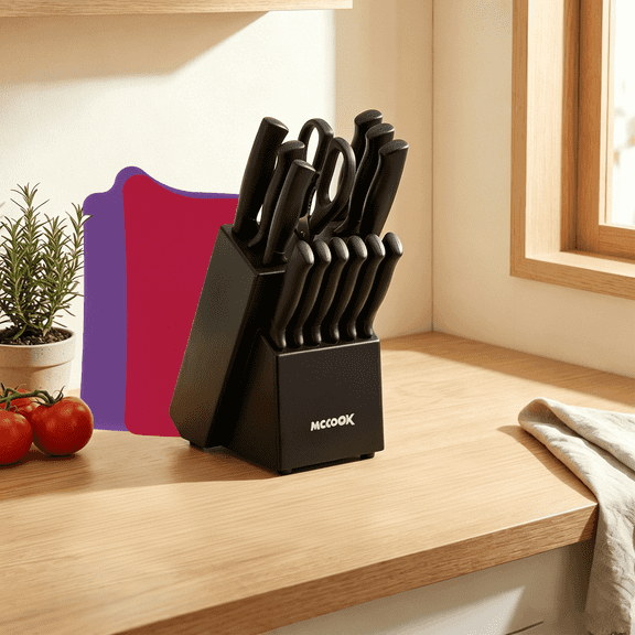 Kitchen Knife Block Set, 16 Pcs Knives Block Set with Built-in Sharpener, Healthy Anti-Rust Coating & German Stainless Steel Knife Set, Dishwasher Safe Black