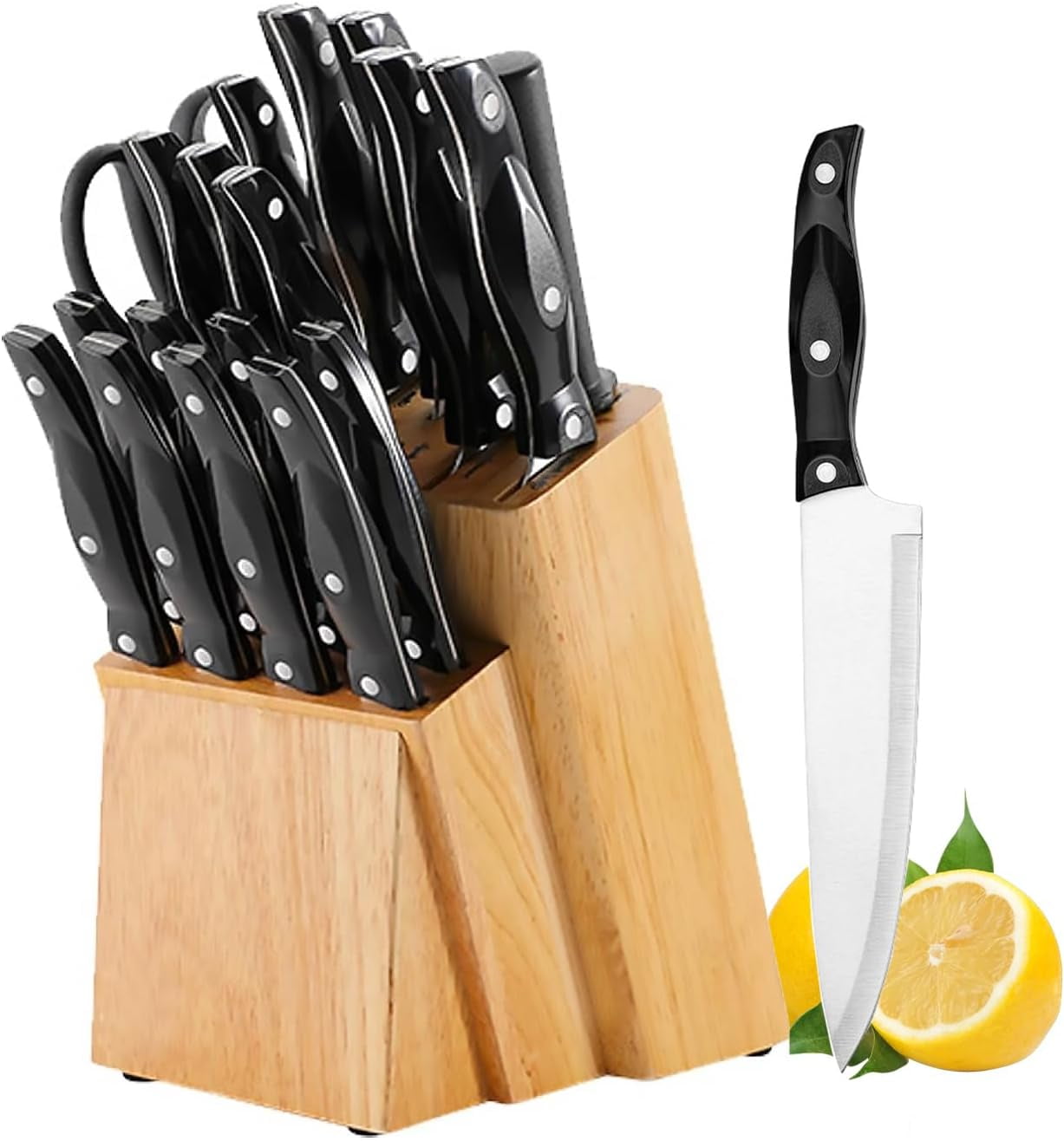 Kitchen Knife Block Set, 19 Pieces Ultra Sharp Professional Chef Knife Set with Wood Block, Non-stick Stainless Steel Kitchen Knives for Home Restaurant Cooking, Gifts for Women Men