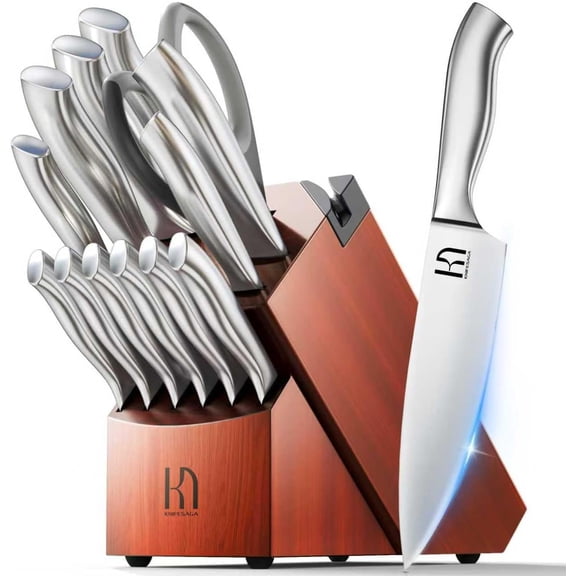 Kitchen Knife Block Set, Enduring Sharpness Premium Knife Set with Block, 14 Pcs Japanese High Carbon Stainless Steel Knives Set for Kitchen, Chef Knife Set with Block and Built in Sharpener