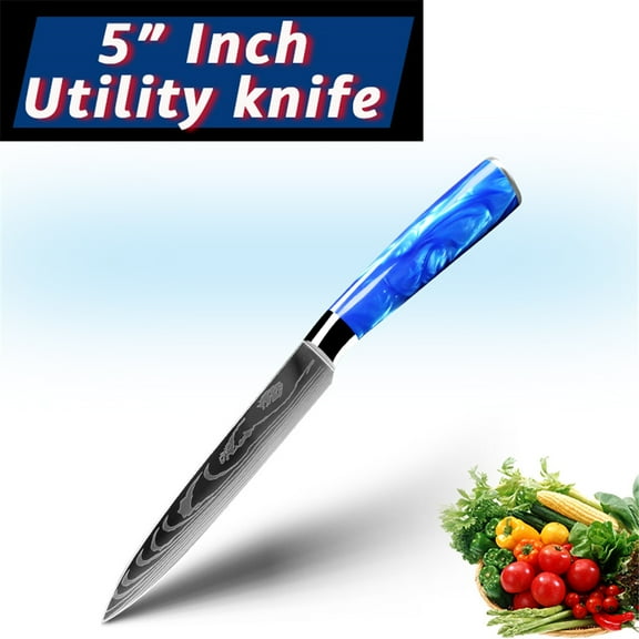 Kitchen Knife Damascus Laser Steel Professional Chef Knives 7CR17 440C Stainless Steel Ultra Sharp Santoku Slicing Cleaver Knife with Blue Resin Handle Cooking Tools