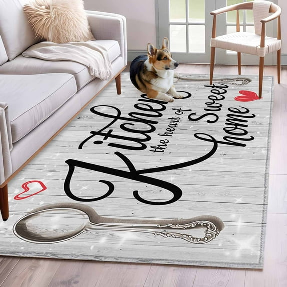 Kitchen Knife Fork Area Rug 4x6 Washable Rug Non Slip Vintage Love Heart Grey Wood Grain Large Area Rug Indoor Floor Carpet for Entryway Bedroom Kitchen Living Room Home Office Dining Room Nursery
