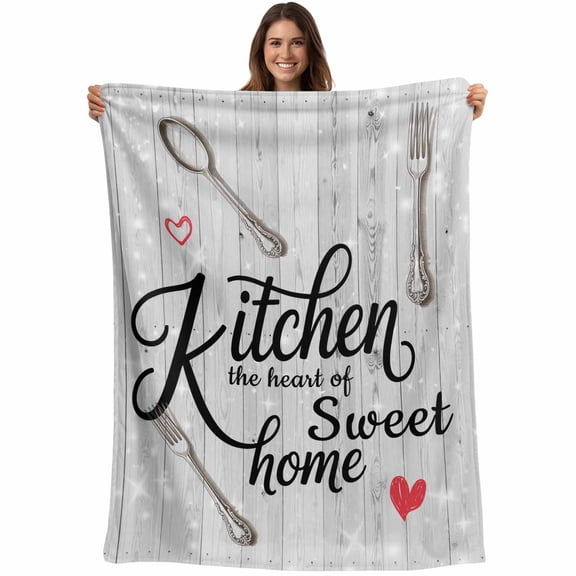 Kitchen Knife Fork Blanket Soft Cozy Warm Throw Blanket for Couch, Plush Fuzzy Flannel Fleece Blankets for Sofa, Vintage Love Heart Grey Wood Grain Bed Blankets Lightweight Gifts for Women, 30"x40"