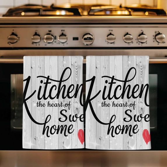 Kitchen Knife Fork Kitchen Towels Set of 3, Vintage Love Heart Grey Wood Grain Absorbent Dish Towels for Kitchen, Microfiber Hand Towel, Quick Drying Tea Towel for Cleaning Decorative Dishcloths