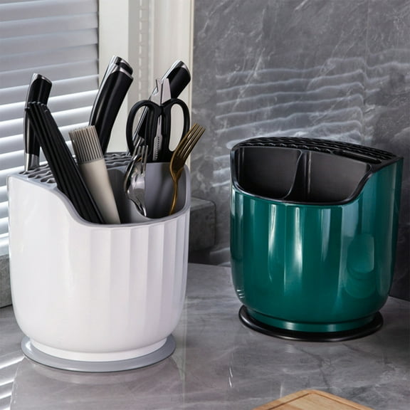 Kitchen Knife Rack Organizer, Integrated Storage Box, 360° Rotating Knife Rack, Multifunction Chopsticks Tube, Space Saving, White, Green