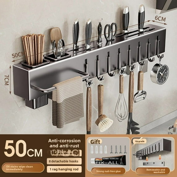 Kitchen Knife Rack Wall-Mounted No-Drill Kitchen Multi-Functional ...