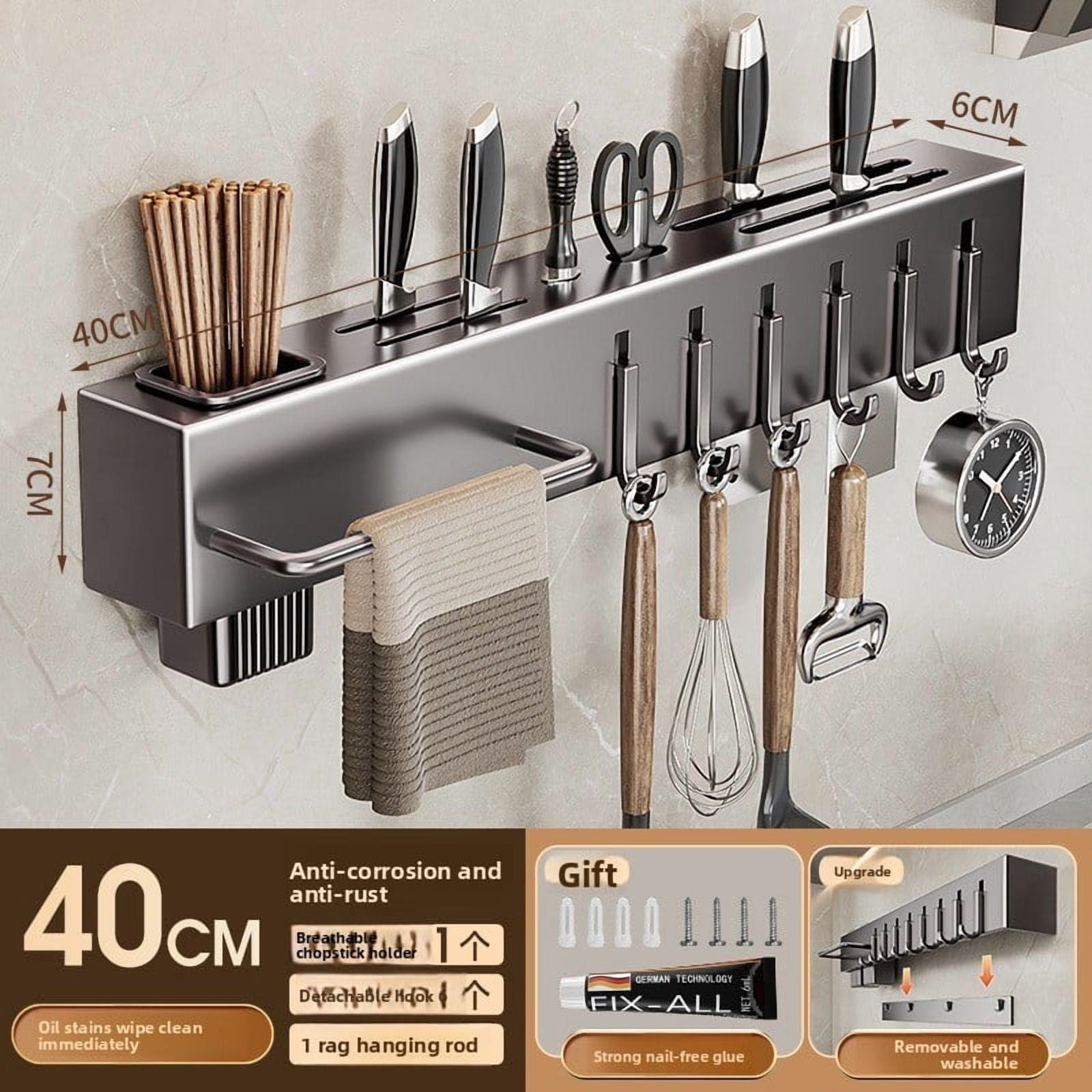 Kitchen Knife Rack Wall-Mounted No-Drill Kitchen Multi-Functional ...