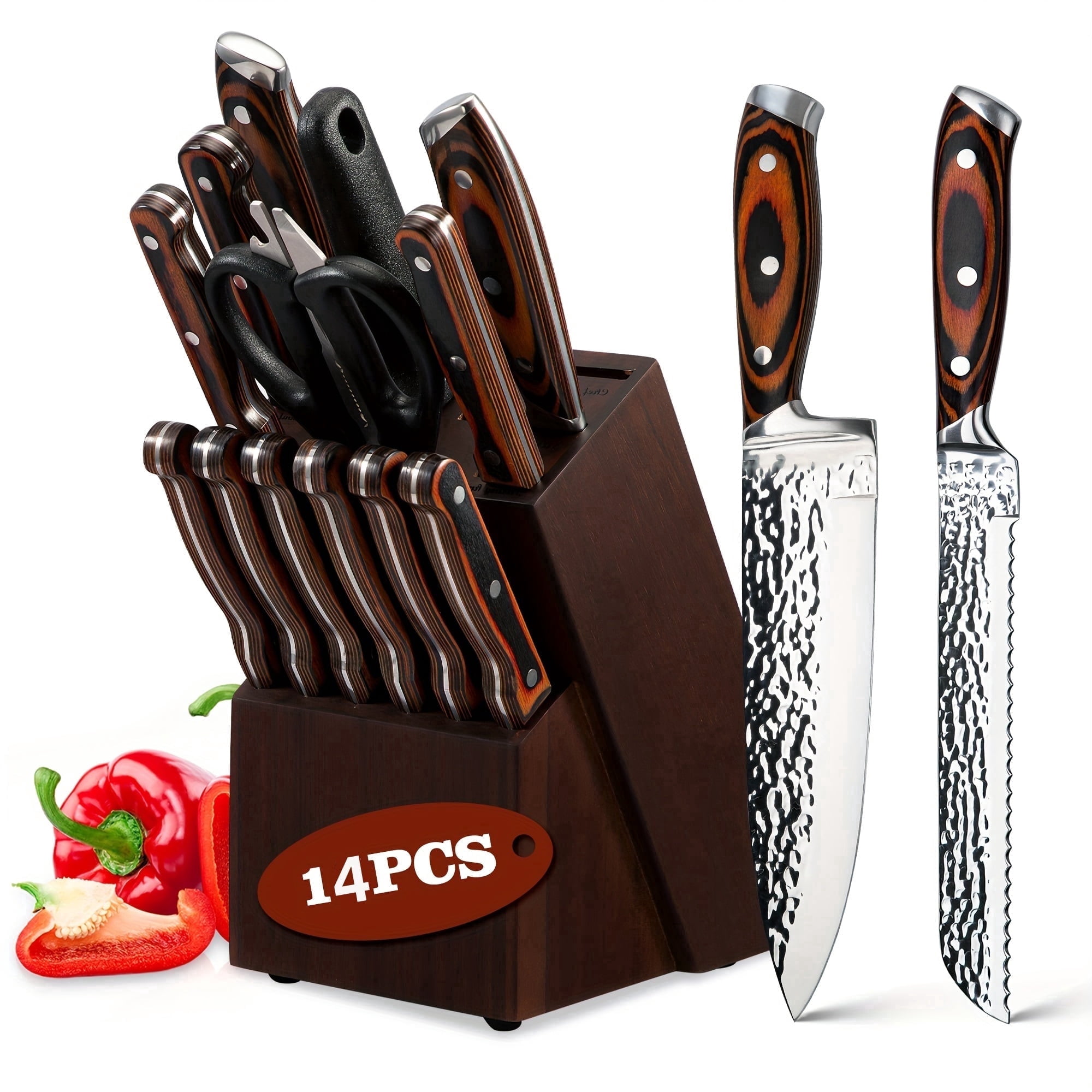 Blusmart Kitchen Knife Set, 15-Piece Knife Set with Wooden Storage Block, High Carbon Stainless Steel, for Cooking Cut (Brown)
