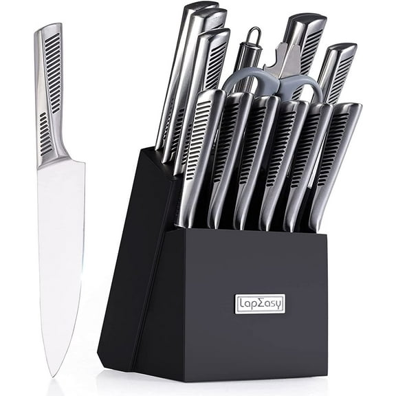 Kitchen Knife Set, 15 Piece Knife Sets with Block Chef Knife Stainless Steel Hollow Handle Cutlery with Manual Sharpener