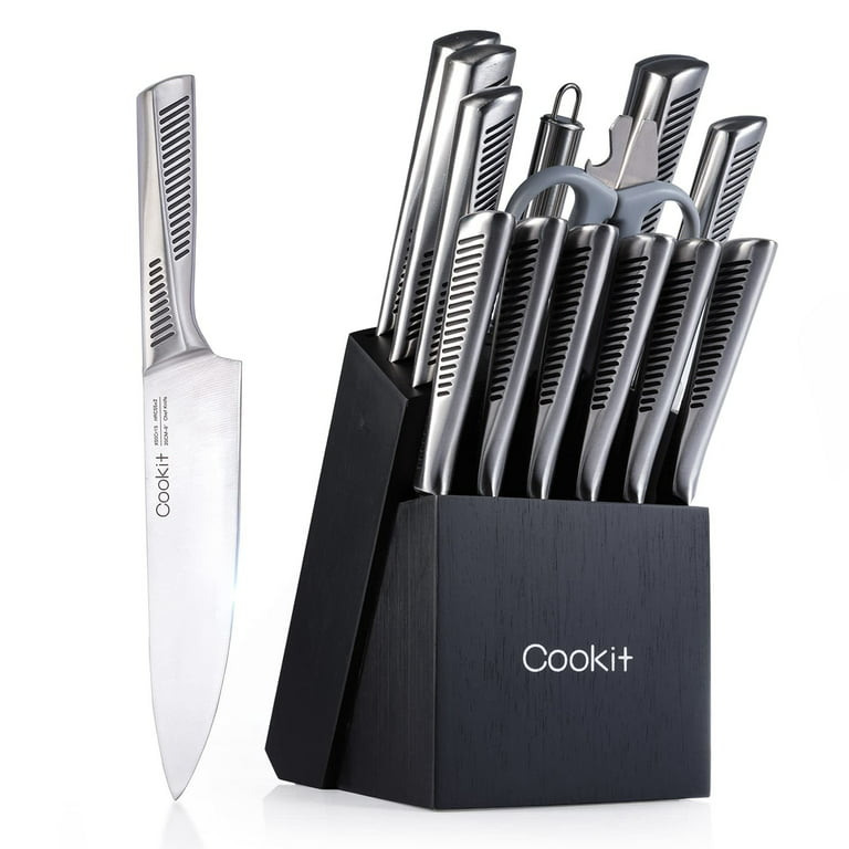 Brewin Knife Set, 15-Piece Kitchen Knife Set with Block, German Stainless Steel Sharp Knives Set for Kitchen with Built-in Sharpener, Ergonomic TPR