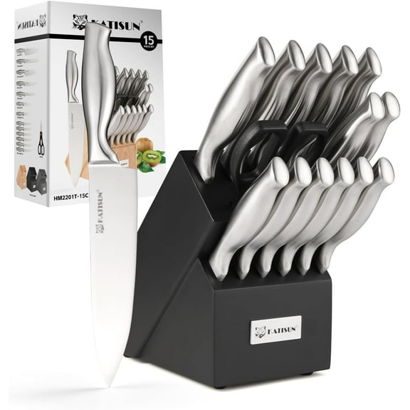 Kitchen Knife Set, 15 Pieces Knife Set with Block, Knives Set for Kitchen, Silver Hollow Ergonomic Handle for Chef Knife Set, Kitchen Shears,Black Knife Block Set