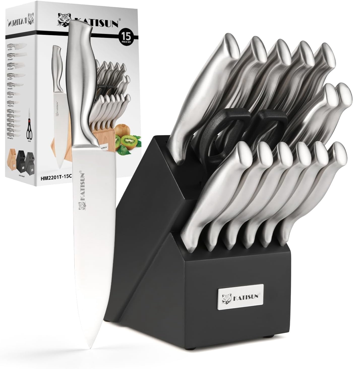 Kitchen Knife Set, 15 Pieces Knife Set with Block, Knives Set for Kitchen, Silver Hollow Ergonomic Handle for Chef Knife Set, Kitchen Shears,Black Knife Block Set