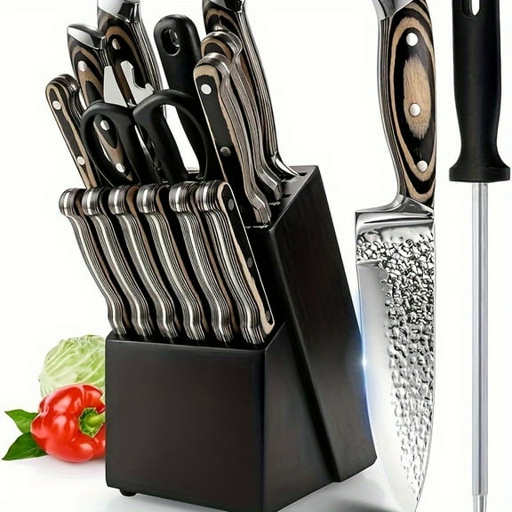 Kitchen Knife Set, 15pcs Knife Set With Block Wooden, Self Sharpening For Chef Knife Set, High Carbon Japan Stainless Steel Hammered Collection Knife Block Set With Steak Knives, Boxed Knife Set