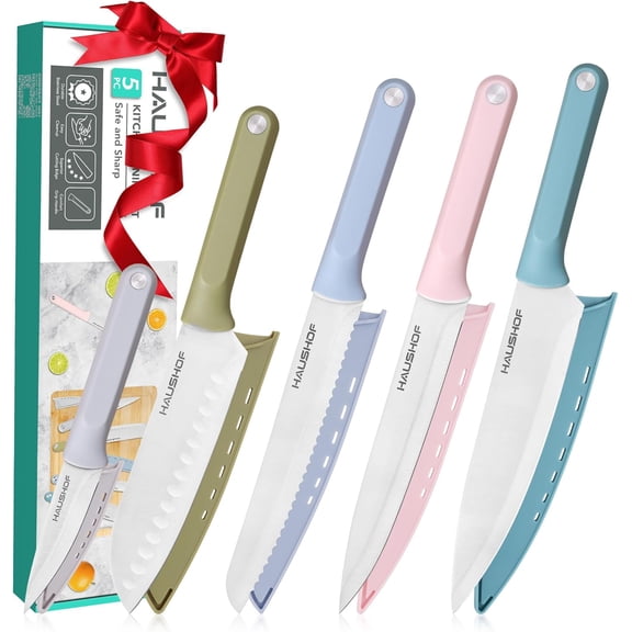 Kitchen Knife Set, 5 PCS Colorful Kitchen Knives with Sheaths, Non-Stick Coated Stainless Steel Blades for Slicing, Dicing&Cutting, Gifts Knife Set with Ergonomic Handle for Dad, Mom, and Wife
