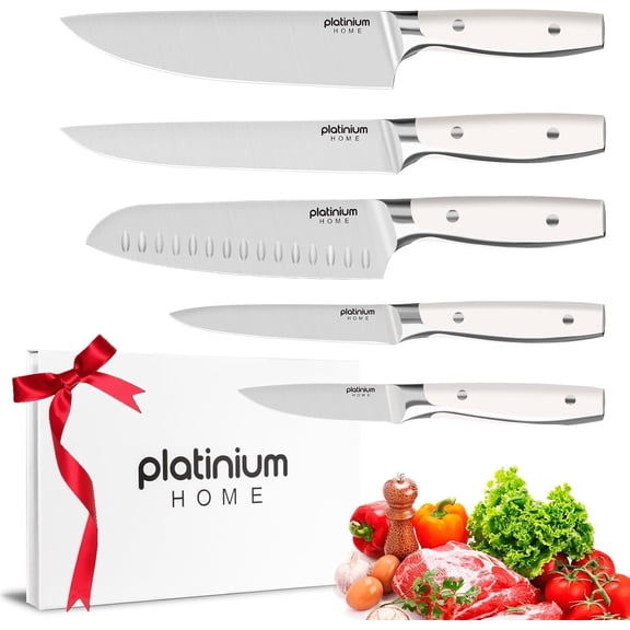 Kitchen Knife Set of 5 Professional Chef Knives High Carbon Stainless Steel White Chefs Knives for Home Cooking Includes Chef Santoku Boning Utility Peeling Knives with Gift Box