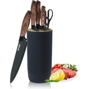 Kitchen Knife Set, 6-Piece Black Cooking Knife Set with Star Grain Blade, Sharp Stainless Steel Chef Knife Set Contains Round Knife Storage, Knives, Scissors for Home Kitchen