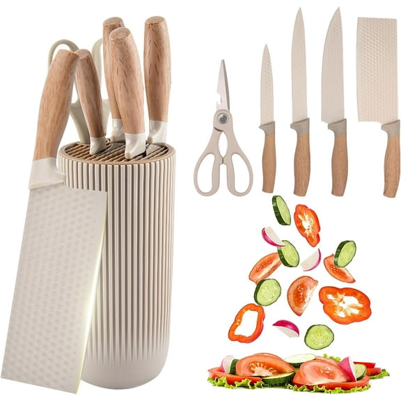 Kitchen Knife Set,6-Piece Khaki Kitchen Knife Set with Knife Block – Non-Stick Stainless Steel Sharp Blades, Anti-Rust & Ergonomic Design for Home, Restaurant,Outdoor