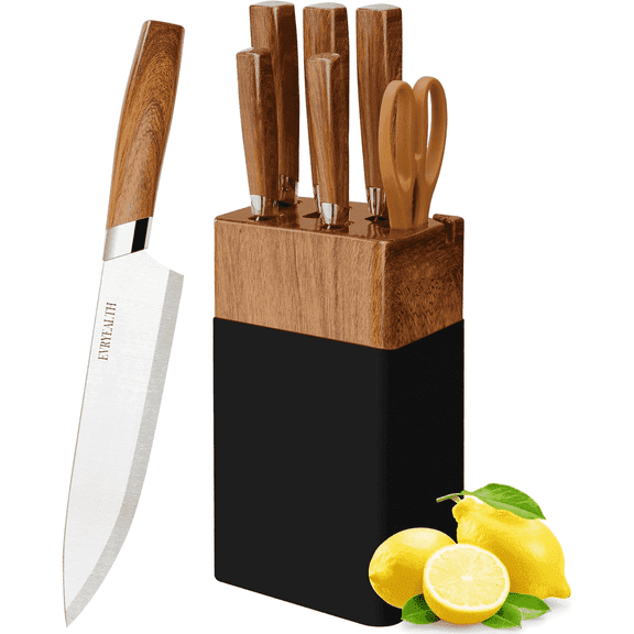 Kitchen Knife Set - 6 Piece Kitchen Knives with Knife Block, Wood Grain Handle, Sharp Stainless Steel Knife with Chef, Bread, Slicer, Utility, Paring Knife for Cutting Vegetables/Meat/Fruit
