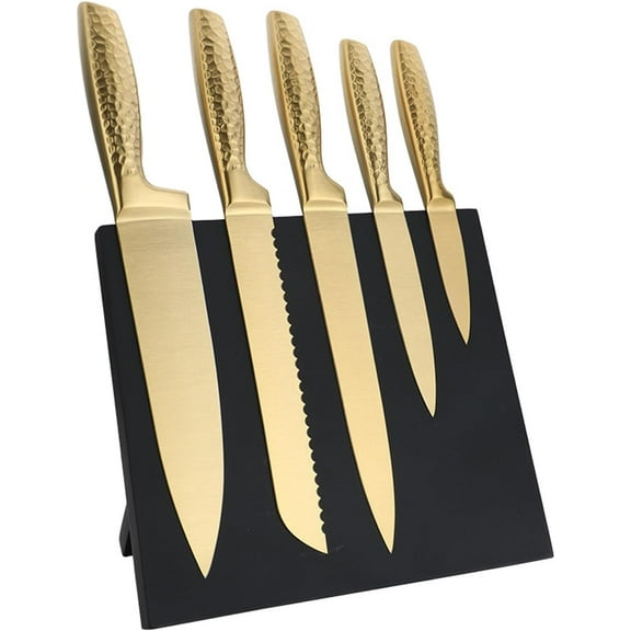 Kitchen Knife Set, 6-Pieces Golden Titanium Coated Knife Block Set with Wood Magnetic Knife Block, Non-stick & Non-slip Stainless Steel Sharp Chef Knife Set, Knives Set for Home Kitchen (Gold)