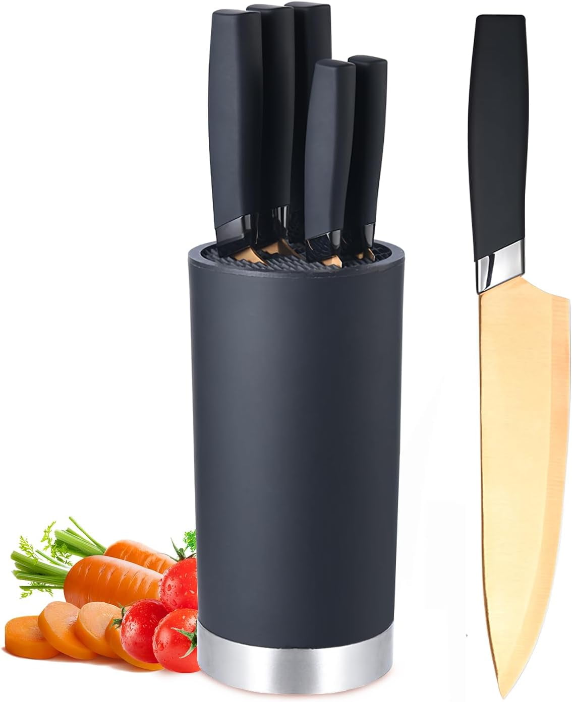 Kitchen Knife Set, 6 Pieces Sharp Stainless Steel Chef Knife Set with Cylindrical Block, Ergonomic Black Handle Knife with Gold Blades, Knife Set with Gift Box, House Warming Gift