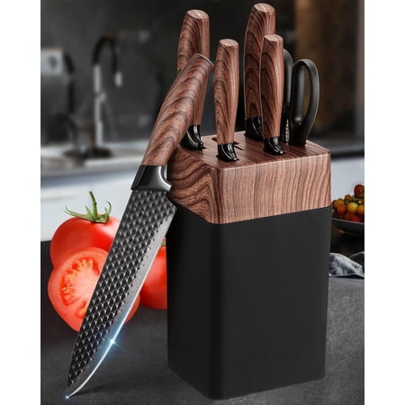 Kitchen Knife Set,Qronge 7 Pcs Knives Block Set with Built in Sharpener Block,Professional German Stainless Steel Knife Block Set,Dishwasher Safe,Black