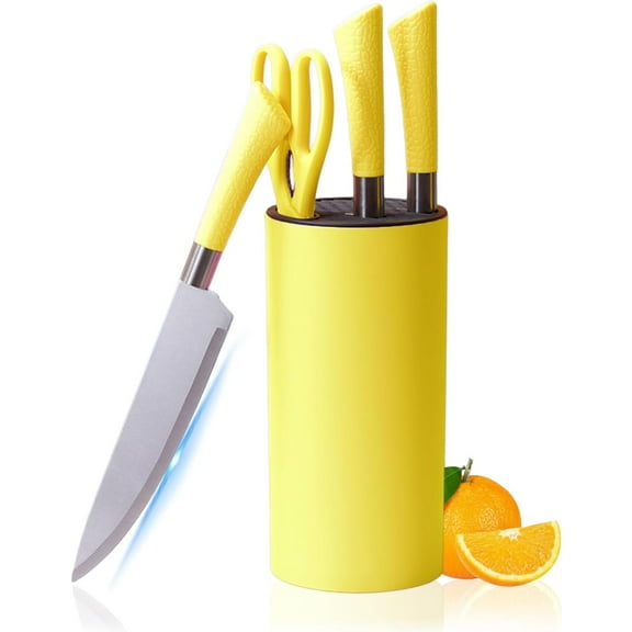 Kitchen Knife Set, 7 Pcs Yellow Cooking Knife Set with Round Block, Sharp Stainless Steel Knives Set for Kitchen with Ergonomic Handle, Professional Chef Knife Set for Home Family Restaurant (Yellow)