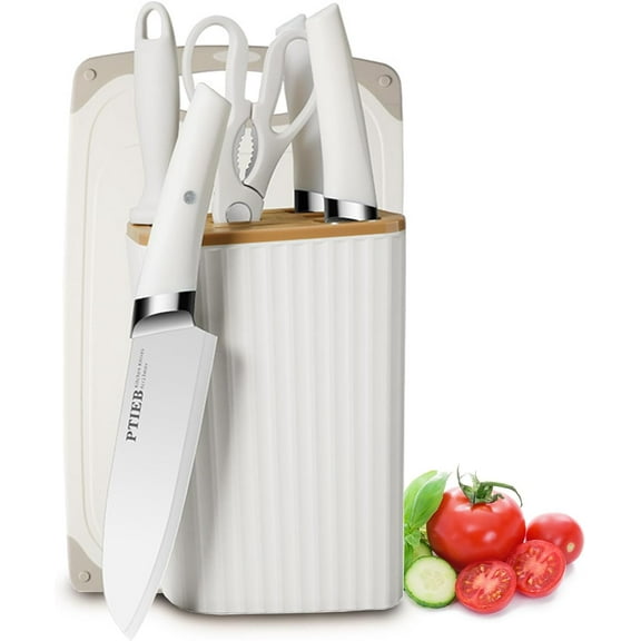 Kitchen Knife Set,7-Piece Stainless Steel Ultra Sharp Knife Set for Kitchen with Block and Cutting Board,Non-stick Cooking Knife Set with Ergonomic Handle,Knife Block Set with Sharpener (White)