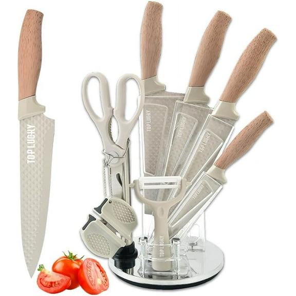 Kitchen Knife Set, 8-Piece Khaki Super Sharp Knife Set with Acrylic Block for Small Kitchen, Anti-Rust Non-stick Stainless Steel Cooking Chef Knife Set with Shapener, Space Saving (Khaki)